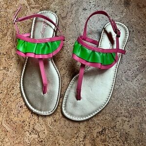 Vintage Lilly Pulitzer T-strap Pink and green leather sandals. Size 7.5